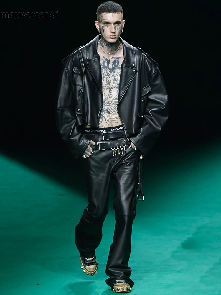 Mauroicardi Spring Autumn Cool Short Oversized Black Pu Leather Biker Jacket Men Long Sleeve Unisex Clothes 2023 250109Z
