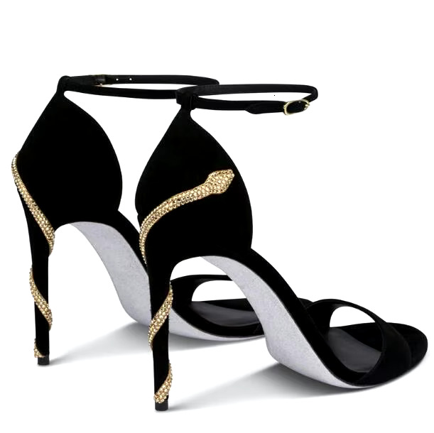 Summer Black Suede Gold Snake S Surround Heel One E Buckle Sandals Woman 7 10 CM High Heels Peep Toe Banquet Shoes Lady