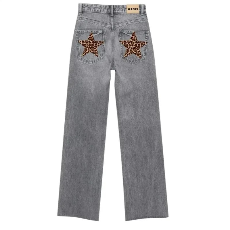Five-pointed star leopard print pattern embroidered high quality jeans for women Y2K American winter warm oversized sweatpants 250118