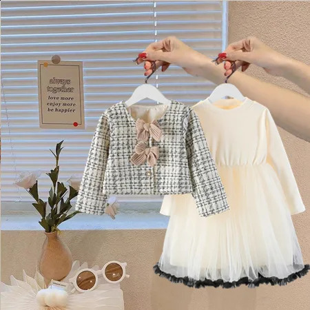 Spring Autumn 18Y Girl 2PCS Clothes Set Patchwork Bow Houndstooth Kid Coat Contrast Breathable Mesh Bubble Dress Suit 250116