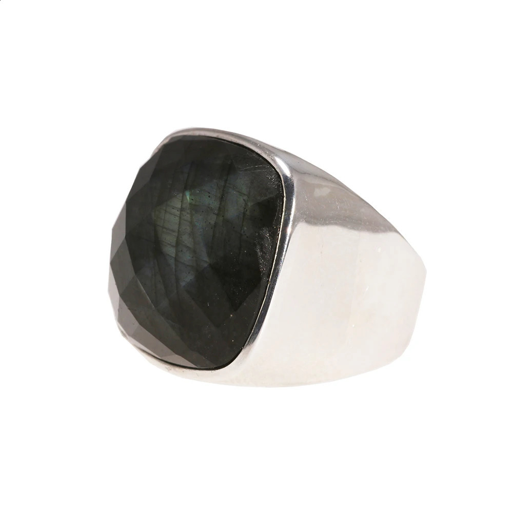 925 Silver Ring Ladies Natural Labradorite Square Glossy Minimalist Wedding Jewelry Sterling 250109