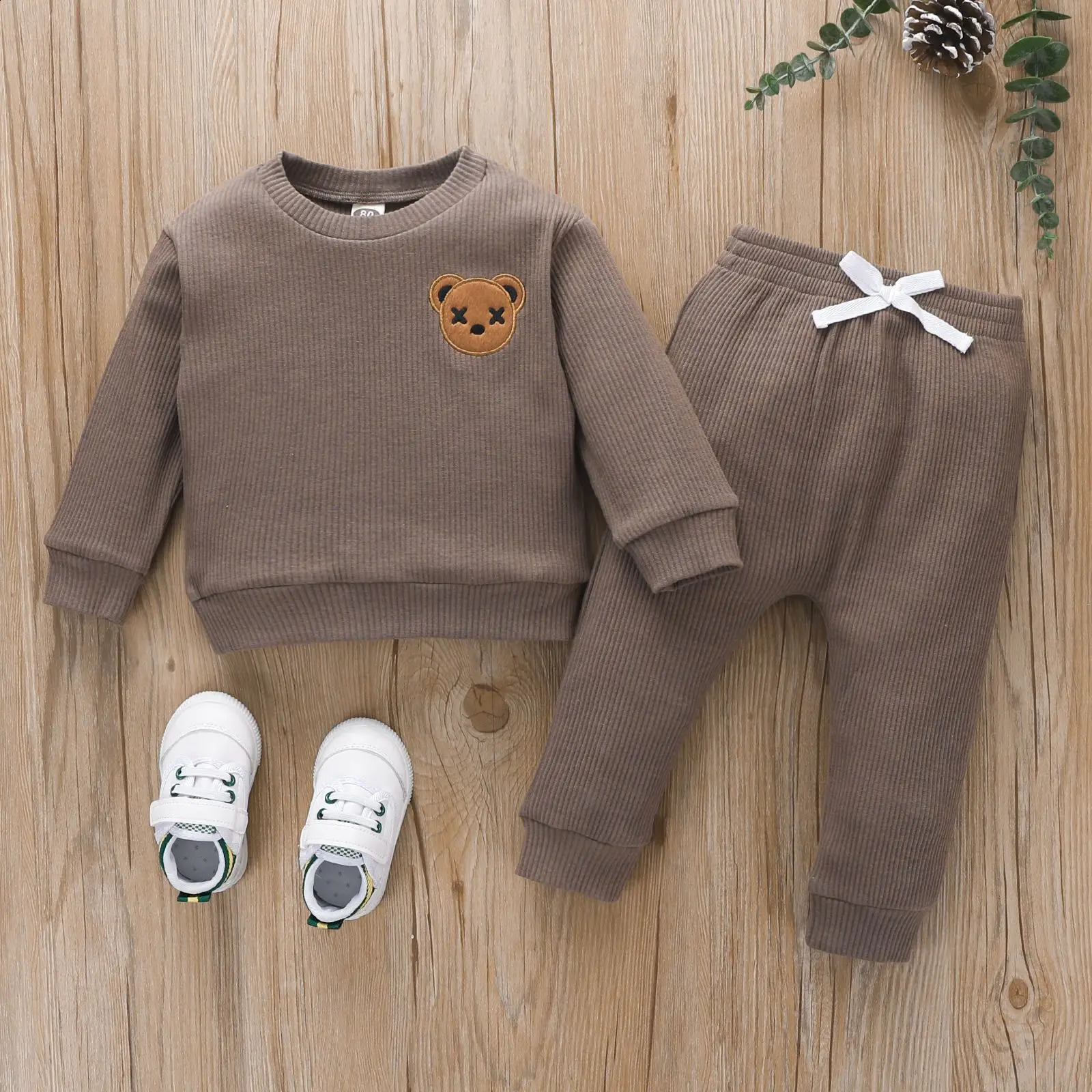 Spring Autumn Kids Baby Boys 2PCS Clothes Ribbed Long Sleeve Bear Pullovers Drawstring Pants Suit Toddler Outfits 250117