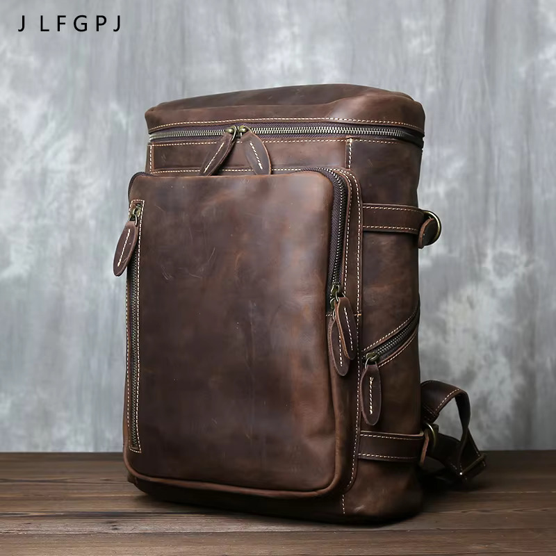 Retro Crazy Horse Leather Vertical Style Backpack Men's Head Layer Cowhide Large Capacity Business Travel Computer Bag