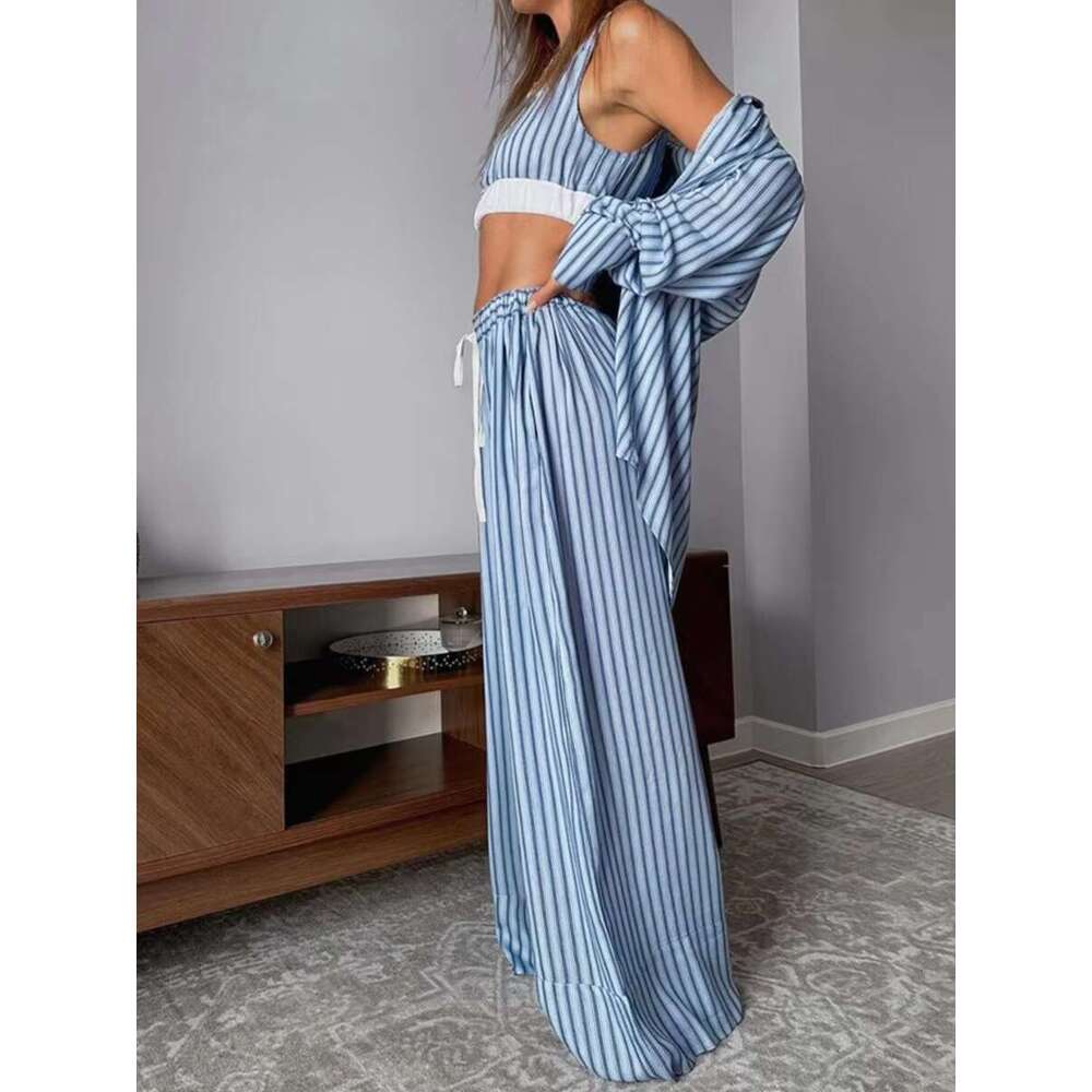 Spring New Blue Striped 2 Piece Set Women Long Sleeve Blouse+Buttons Bra+Elastic Waist Trouser Suits Home Casual Pamas 2025