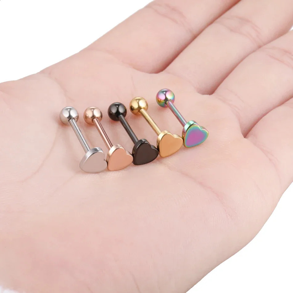 1PC Stainless Steel Heart Shaped Tongue Ring Barbell Piercing Cute Bar Ear Tragus Studs Labret Body Jewelry 250110