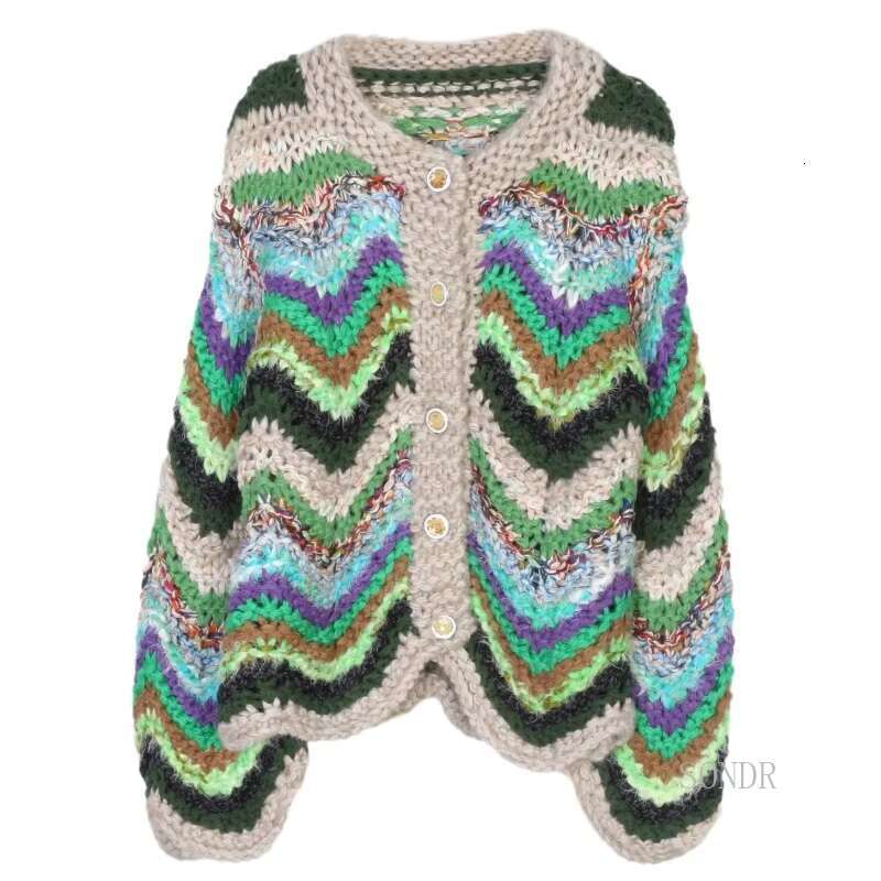 Wool Knitted Cardigan For Women, Hand Hook Striped Cardigan, Crew Neck, Long Sleeve Sweater, Fashion Coat, Autumn And Winter