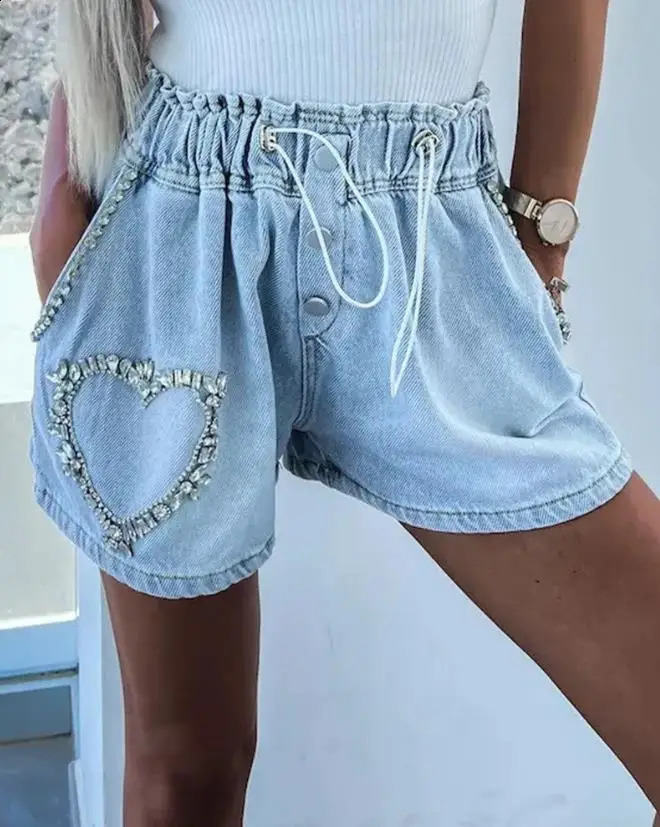 Y2K Summer Casual Fashion Cargo Shorts Temperament Commuting Rhinestone Heart Pattern Drawstring Trending Denim Shorts 250118