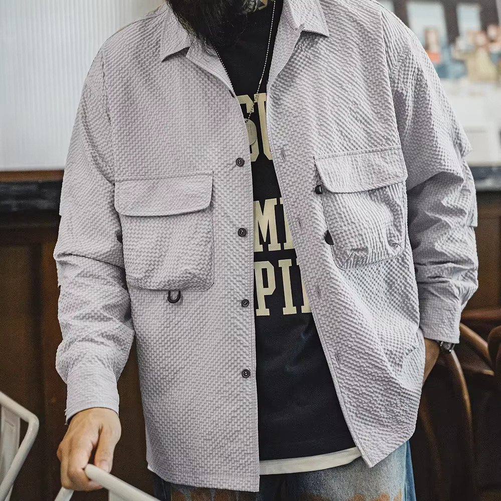 Maden Outdoor Cuban Collar Seersucker Long-Sleeved No-Iron Anti-Wrinkle With Pocket Design Thin Solid Color Shirt For Men
