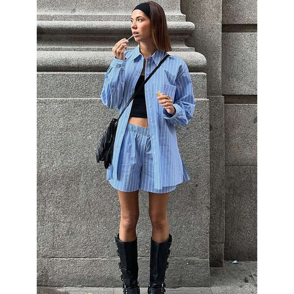 Blue Pocket Striped Shorts Sets Women Single Breasted Long Sleeve Blouse+Elastic Waist Casual Short Pant 2 Piece Set 2025 Spring