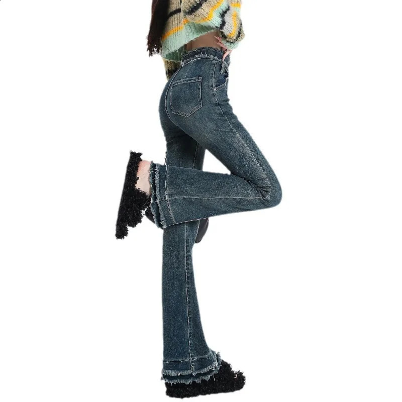 American High Street Retro Micro-flared Jeans for Women with Tassels Raw Edges Slim Stretchy Floor-length Tight Horseshoe Pants 250118