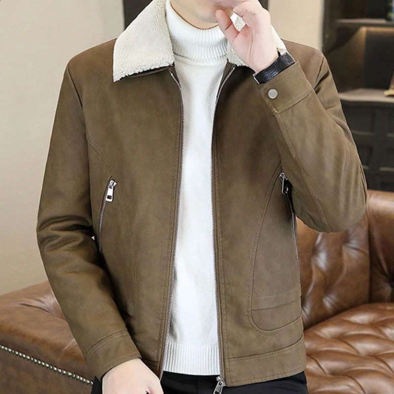 Winter Mens Leather Jacket Fashion Thick Warm Fur Integrated Turn Down Collar Motorcycle Streetwear Men Clothing 250109Z