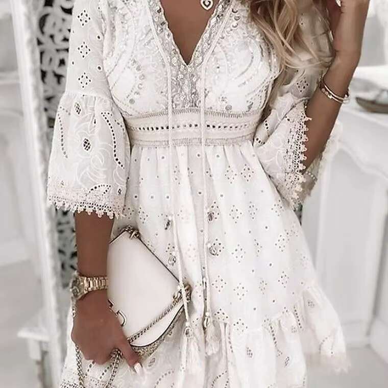 New Lace V Neck Flare Sleeve Vintage Style Short Cotton Blend Embroidery Hollow Out White Dress Mujer