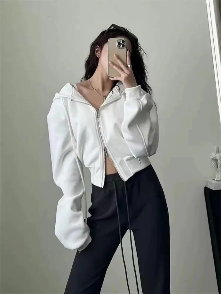 Casual Short Hooded Sweatshirt Women Zip Up Hoodies Mujer Solid Harajuku Long Sleeve Slim fit Crop Top Female Jackets Coat 250121