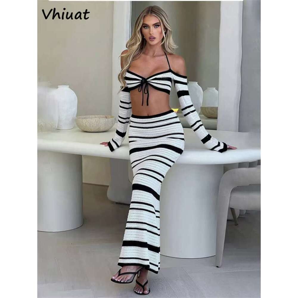 Vhiuat Summer Sleeve Tops Long Skirt Suit Women Knitted Beach Party 2 Piece Dress Set Elegant Matching Sets Outfits 2025