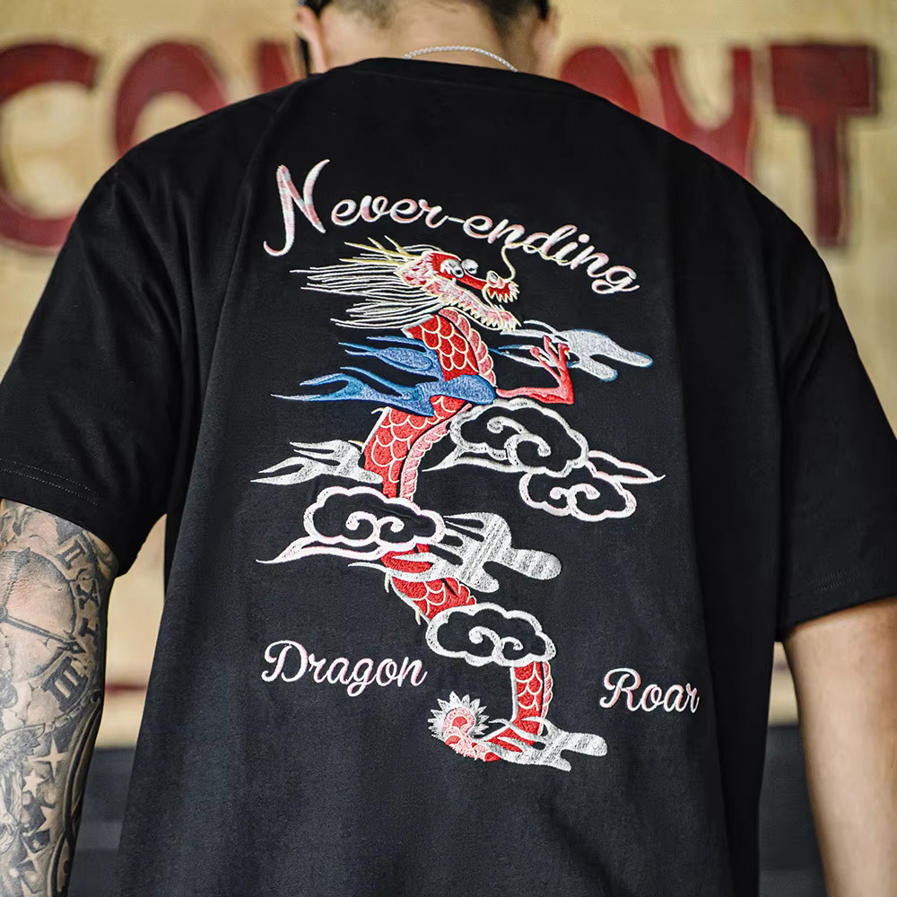 Maden Retro Heavy Industry Embroidered T-Shirt 270G/M² Cotton Short-Sleeved Black Tee For Men's Summer Crew Neck Tops