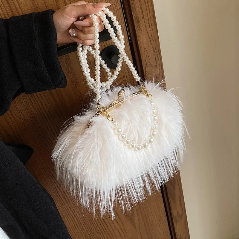 Small Soft Plush Beaded Shoulder Side Bag for Women Winter Fashion Trend Handbags Clutch Bags 250120