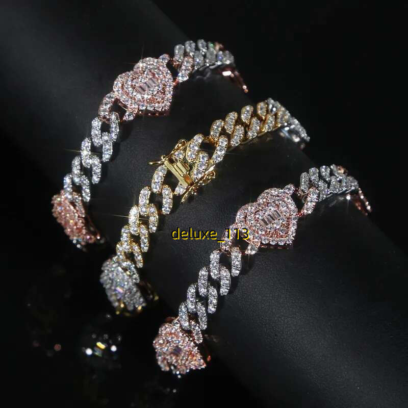 Iced Out Cubic Moissanite Heart Charm Bracelet Cuban Chain Gold Sier Color for Women Men Wedding Hip Hop Fashion Jewelry