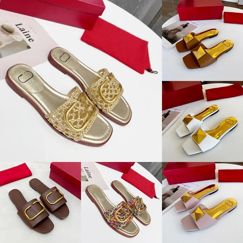 2025 Spring Womens Slippers Sandales New Flat Bottom Decorative Buckle Sandals Designer Slides Fashion Versatile Litchi Pattern Slipper 50 Colours