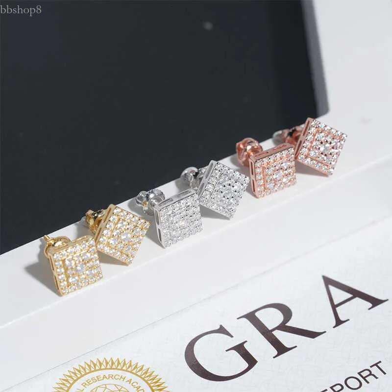 Dia hair high-end feel for girls sier full inlaid moissanite square trendy earrings can be tested with dia pen and GRA certificate