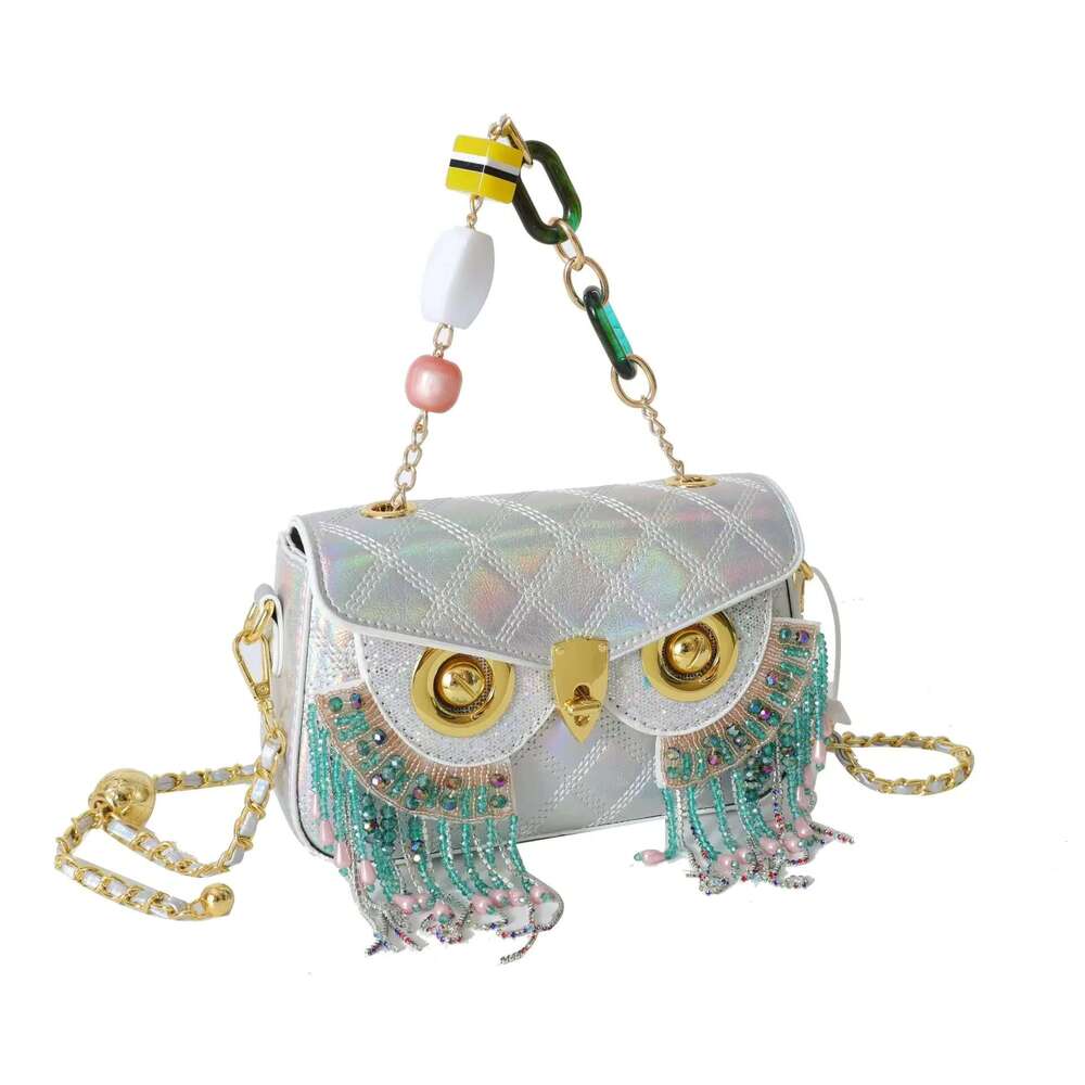 Women Brand PU Leather Plaid Quilted Crossbody Retro Chain Lock Crystal Tassels Owl Messenger Bag