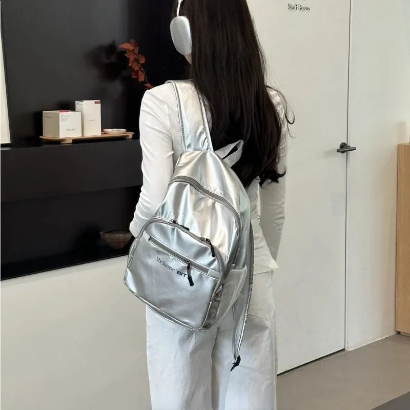 Silver Nylon Large Capacity Commuting Shoulder Backpack Women College Students Travel Schoolbag Waterproof Lightweight Backpacks 250122