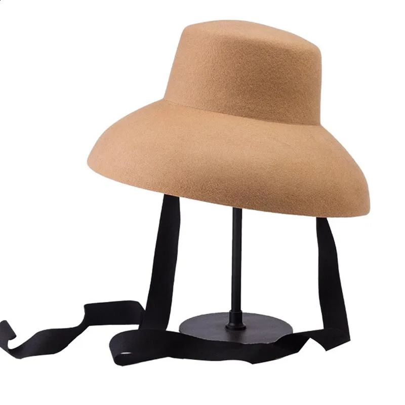 Retro Style Pure Wool Hat Wide Brim Winter Fedoras Women Ladies Band Lacing Cloche for Cocktail Wedding Party Church Stage 250118