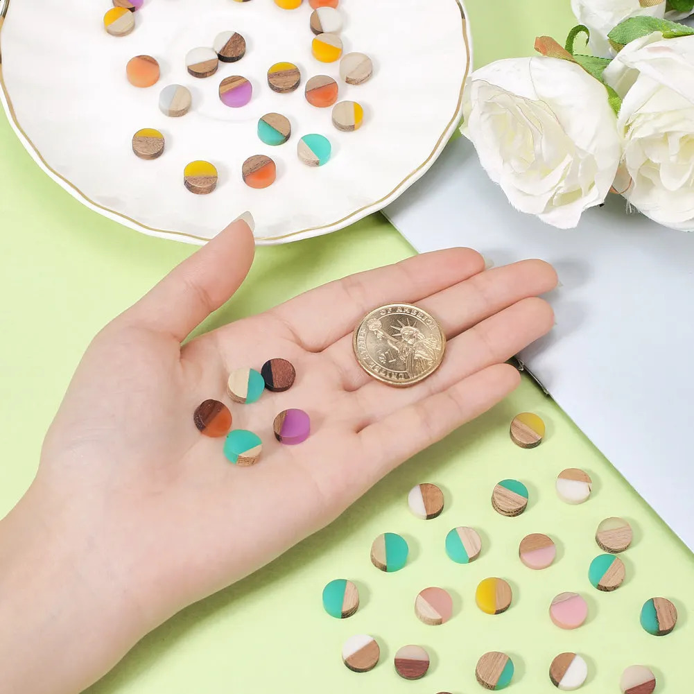 50Pcs 10mm Natural Wood Resin Cabochons Flat Back Cabochon Charm For Bracelet Earring DIY Craft Jewelry Making Accessories 250117