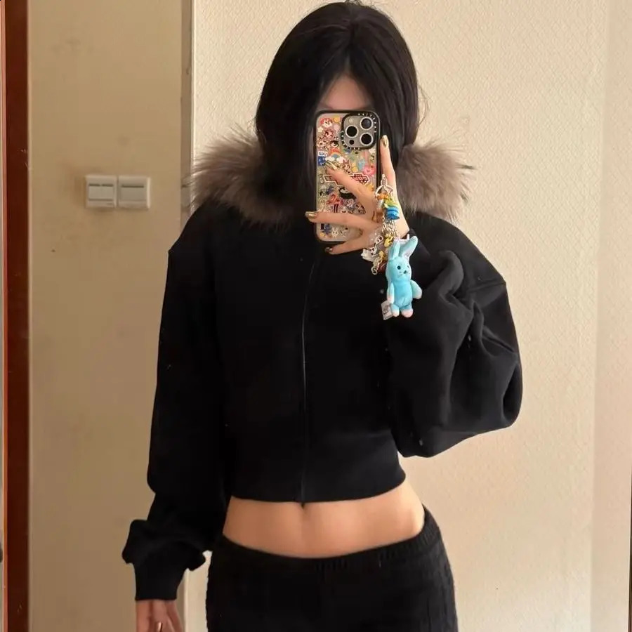 Black Fur Collar Zipper Hooded Sweatshirt Fashion High Street Trendy Zipper Hooded Sweatshirt Korean Style Zip Hooded Sweatshirt 250109