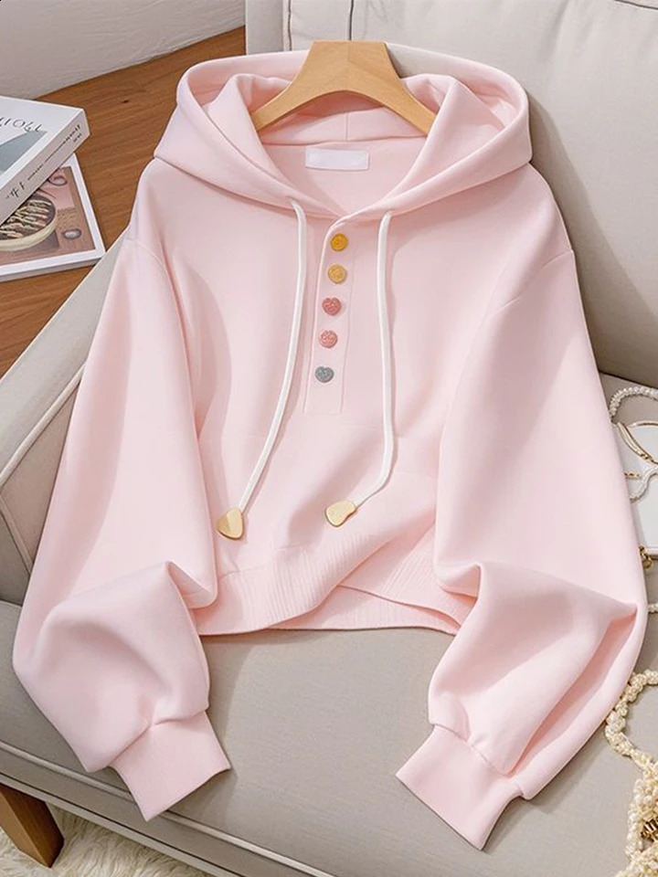 Zoki Sweet Pink Hoodies Women Fashion Elegant Long Sleeve Sweatshirts Korean Loose Casual Buttons Female Preppy Style Top Spring 250109