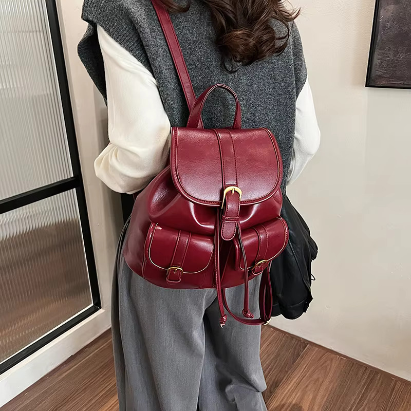 LEFTSIDE Women Retro Small Double Pockets PU Leather Backpacks 2024 Winter Y2k Korean Fashion Backpack School Student Back Packs