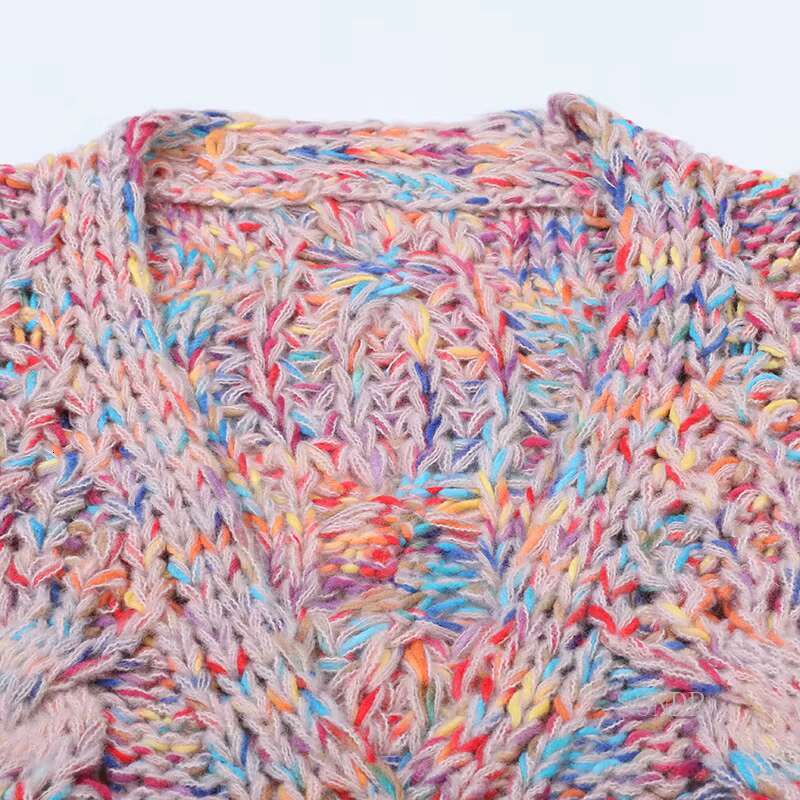 Colorful Lazy Oaf Cardigan For Women, Knitted Wool Sweater, V-Neck, Long Sleeve, Hollow Hook, Wer Loose Cardigan, Autumn