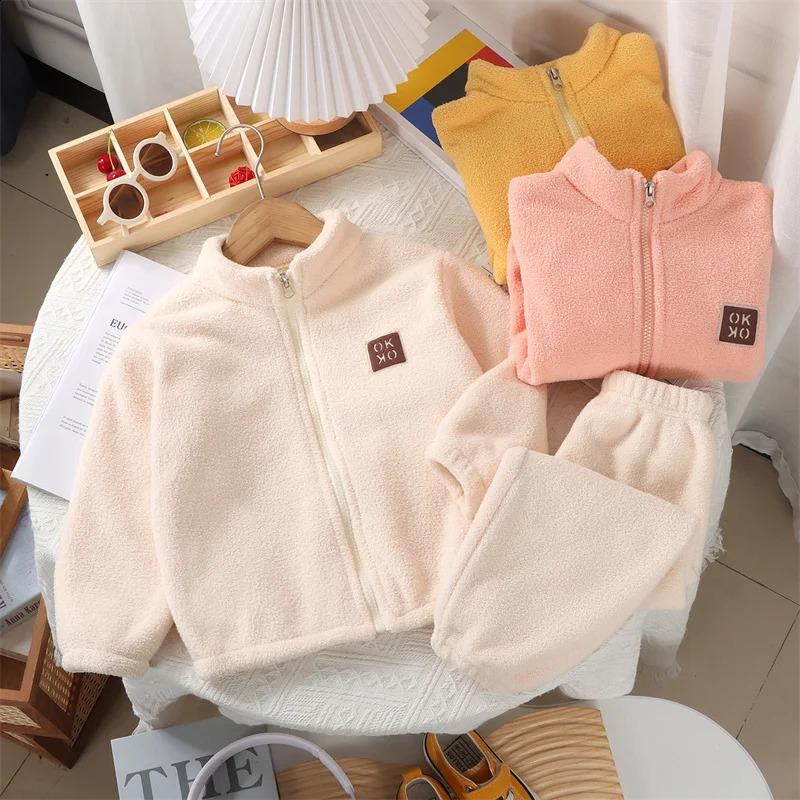 Plush Sets Children Autumn Winter Warm Fleece Suits Baby Thickened Cardigan TopPants 2Pcs Outfits Boys Girls Homewear Clothing 250113
