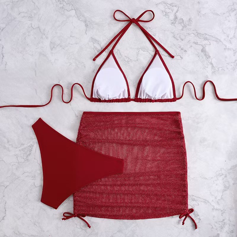 3Pcs Women Strappy Strings Bikini Set 2025 New Chic Swimwear Halter Neck Triangle Bikinis Adjustable Swimsuit With Crochet Cover-Ups Beachwear Solid C