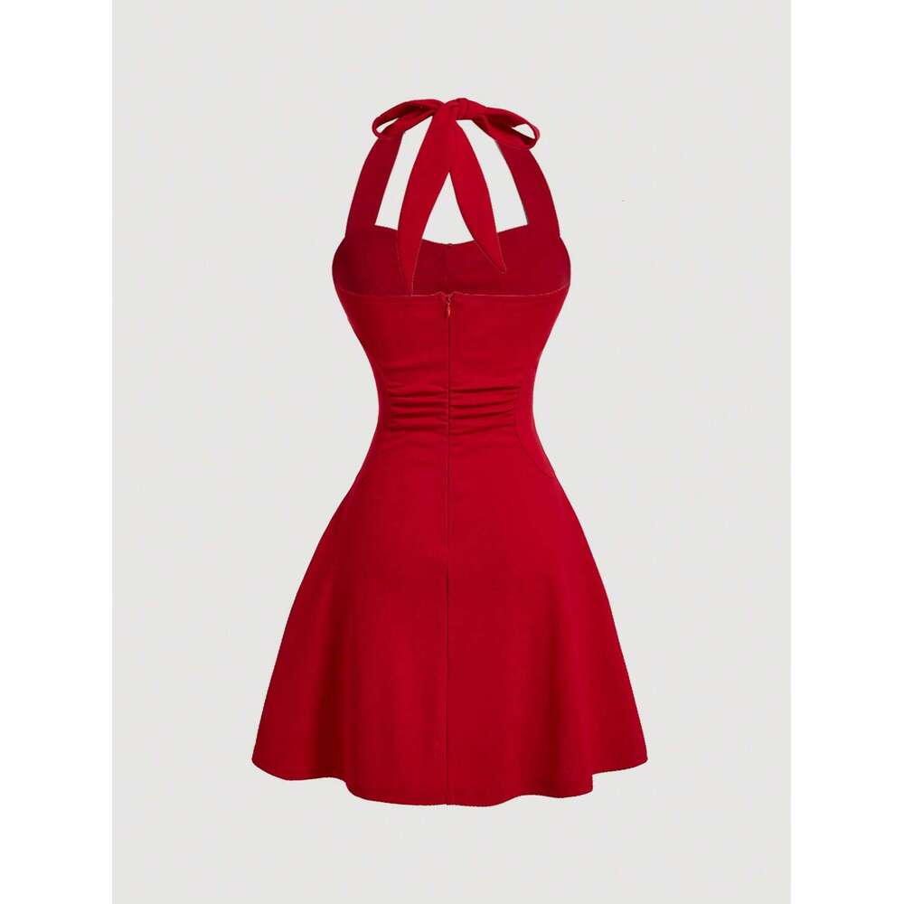 Women's Wear Dress Red Bow Halter Dress Female New Autumn Spice Girl Pleated Fashion Waist Show Thin Short Skirt Trend