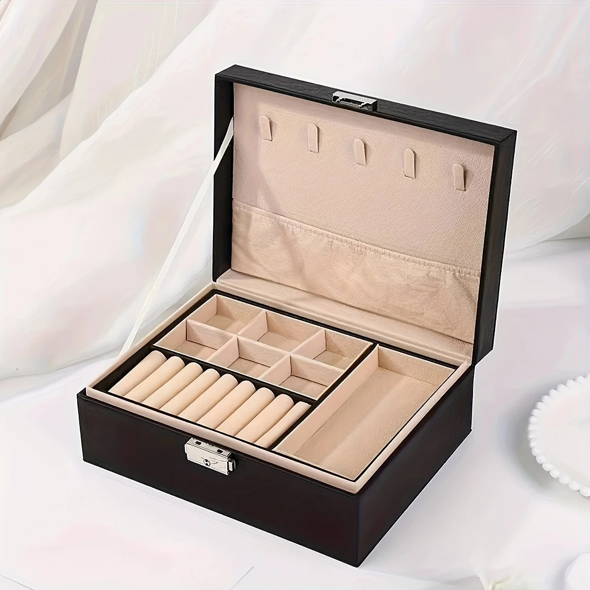 1pc Simple Double-layer Jewelry Storage Box For Ring Necklace Storage With Lock Decoration 250117