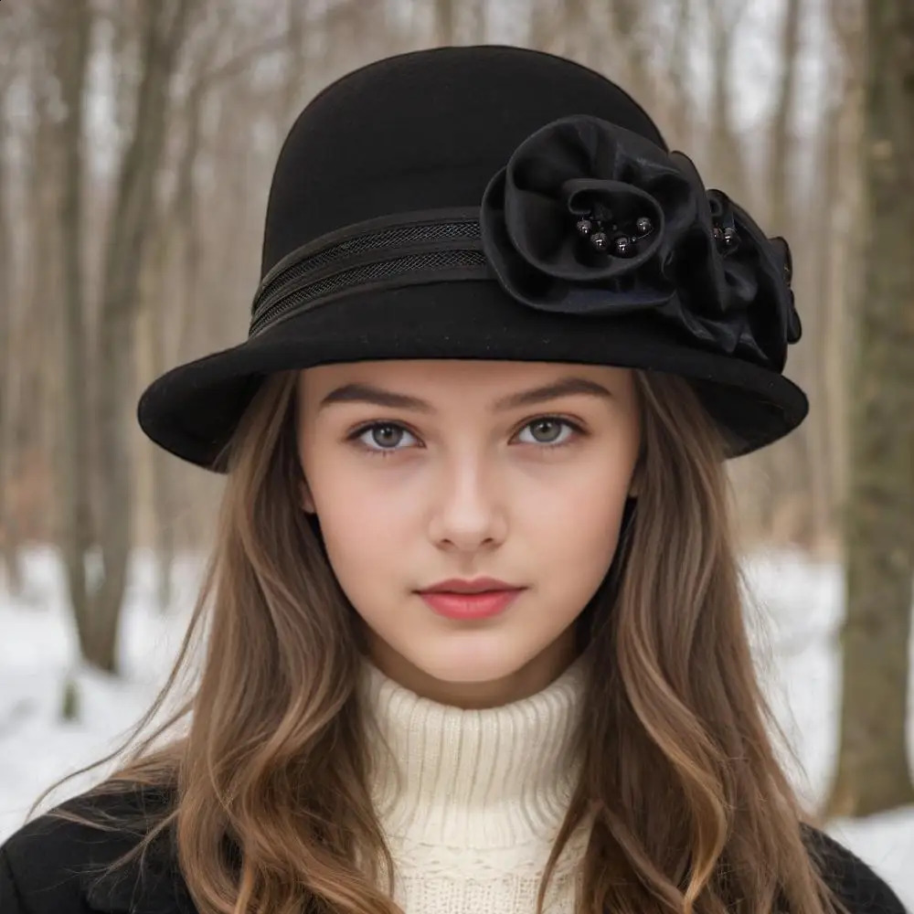 Autumn and winter woolen top hat womens British Hepburn style fisherman rose flower elegant fashionable versatile 250118