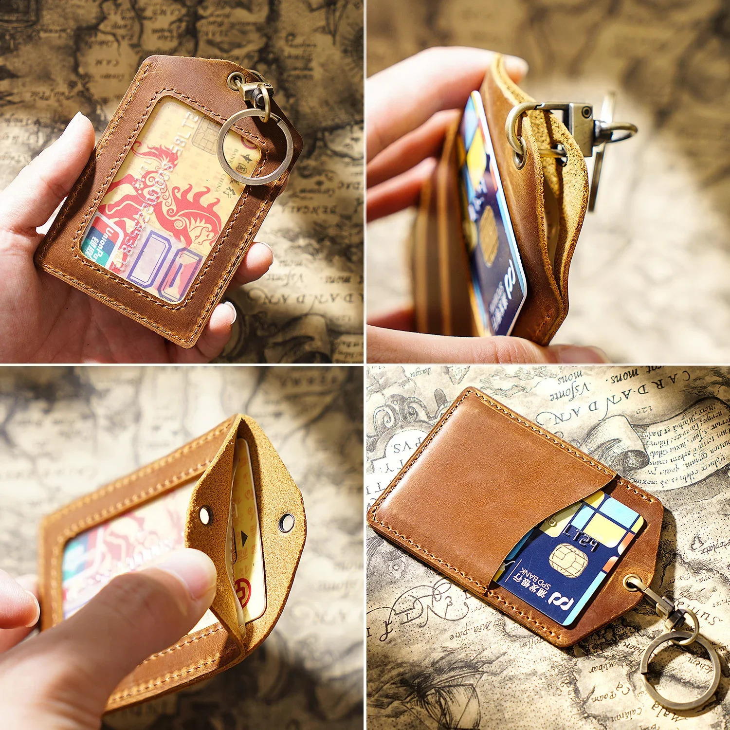 100% Genuine Leather Business Credit ID Card Holder with Key Ring Keychain Staff Work Card Holder Employees Card Case 250120