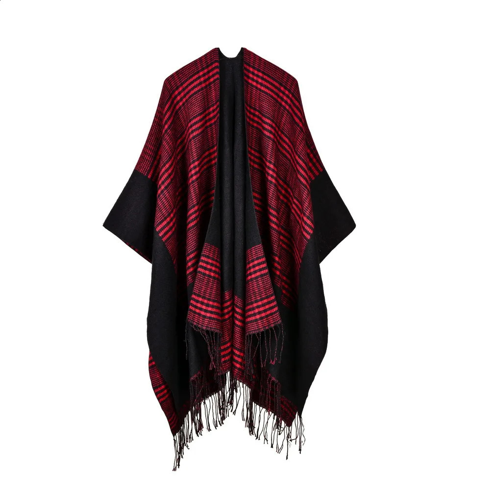 Womens Tassel Cashmere Shawl Autumn Winter Can Be Thickened Wear on Both Sides Lady Ponchos Capes Red 250121