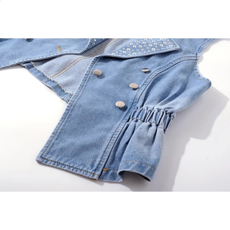 Vintage Blue Rivet Stand Collar Denim Vest Women Slim Short Cowboy Waistcoat Summer Korean Sleeveless Jeans Jacket Coat Female 250122