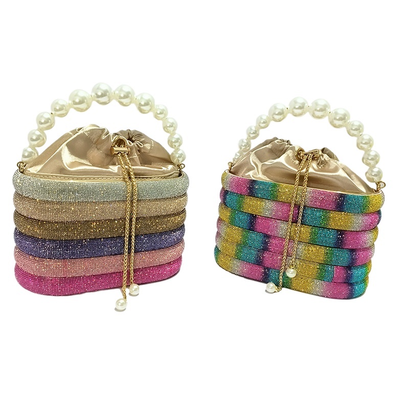 Sparkling And Ineffective Diamond Banquet Vegetable Basket Birdcage Pearl Metal Bucket Handbag