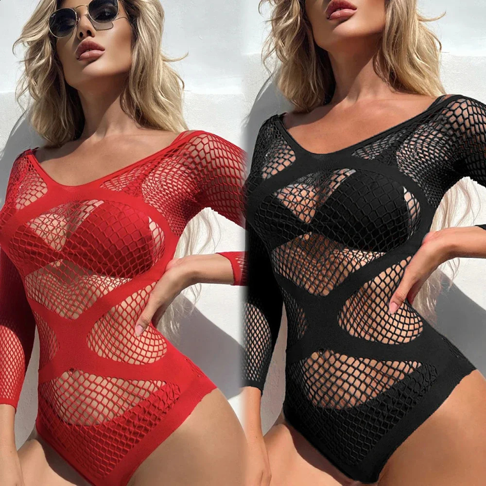 High Quality Womens Fishnet Bodysuit Female Onepiece Net Body Suit Sexy Mesh Hollow See Through Jumpsuit Erotic Tight Lingerie 250108