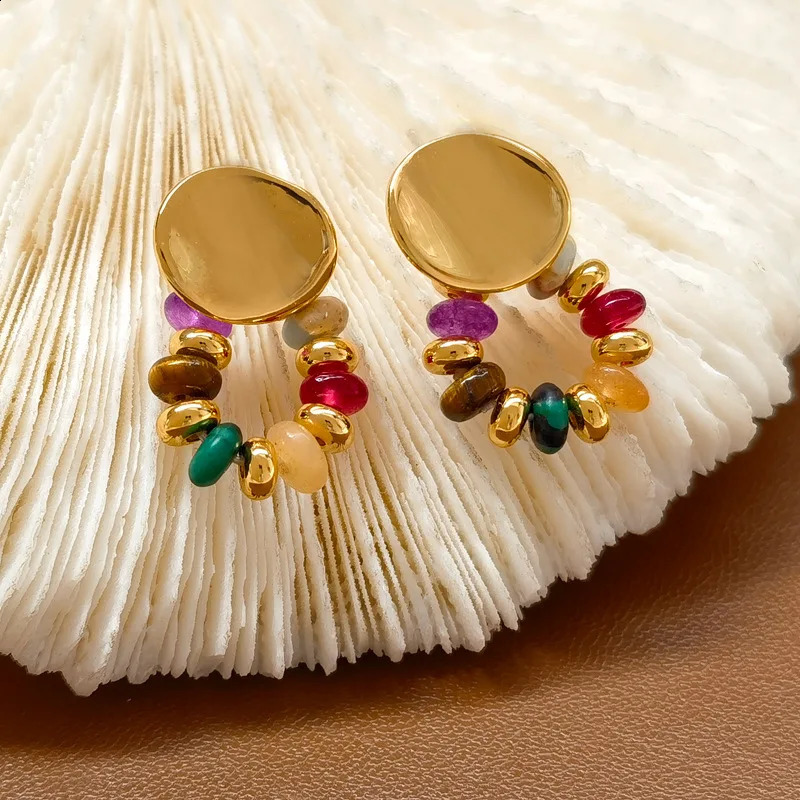 Vintage Natural Stone Beaded Earrings for Women Fashion Jewelry Copper Plated 24K Gold Elegant Ear Accessories 250117