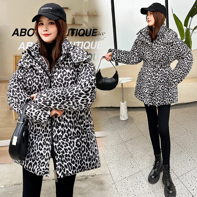Fashion New Women's Clothing 2024 Winter Leopard Print Down Thickened Loose Cotton Jacket For Women
