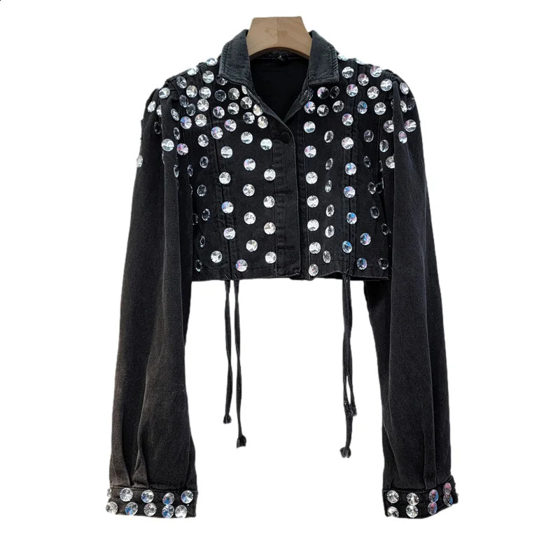 Heavy Work Diamonds Black Denim Jacket Women Slim Extra Short High Waist Cow Outerwear Manual Drawstring Jeans Jacket Female 250116