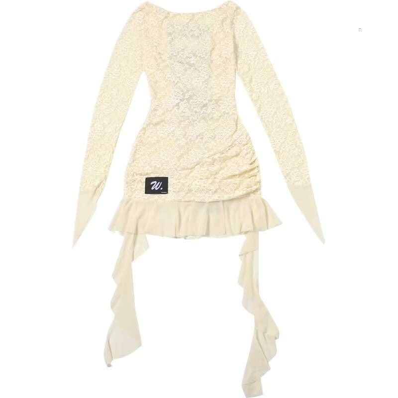 Women's Wear Dress Weird Puss Lace Patchwork Dress Woman Summer Sexy See Through Bandage Backless Ruffles Long Sleeve Irregular Hem Skinny Bodyco