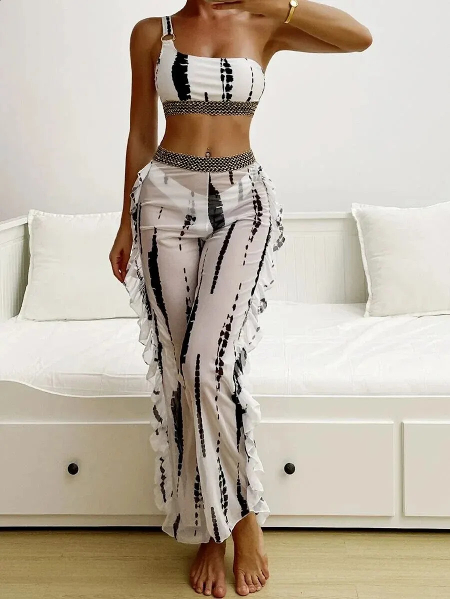 Allover Print One Shoulder Bikini Swimsuit Cover Up Pants Swimwear Female Bathers Bathing Swimming Suit Summer Beachwear 250122