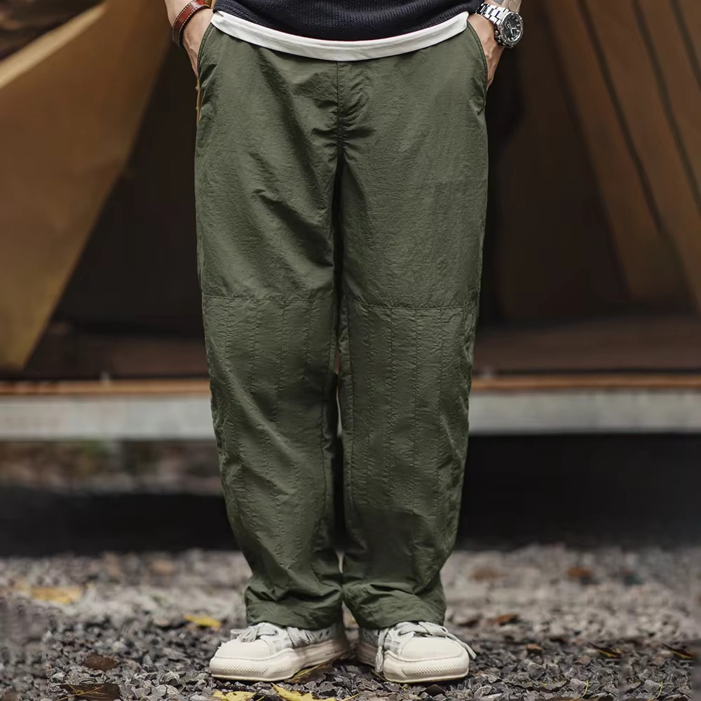 Maden Retro Thin With No Waist And Braided Hemp Rope Elastic Leg Design Green Straight Casual Pants For Men