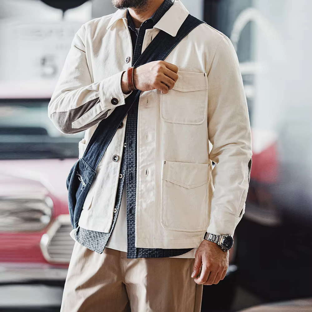 Maden Retro Heavyweight Cotton Jacket With Twill Lapel Sleeves Corduroy Splicing Design Single-Breasted Coat For Men's Autumn