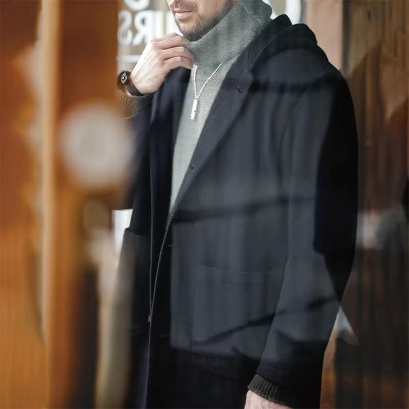 Maden Vintage Navy Blue Wool Hooded Coat Mid-Length Fleeced Jacket With Single-Breasted Warm College Style Men's Casual Overcoat