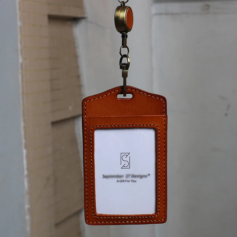 Vertical Identity Badge Holder Neck Lanyard For Office Work Genuine Leather ID Bus Card Set Elastic Easy Pull Buckle Tag 250120